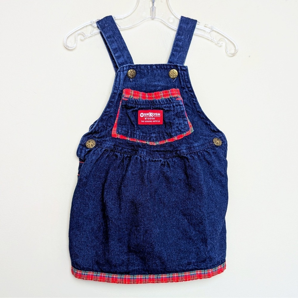 Vintage‎ OshKosh Denim & Plaid Overall Jumper Dress Union Made 80s Vestbak 2T